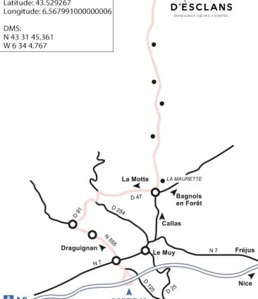 Carte indiquant l’accès au Château d’Esclans en Provence avec les communes et routes à proximité