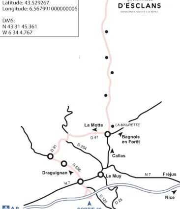Map showing directions to Château d’Esclans in Provence with nearby towns and access roads
