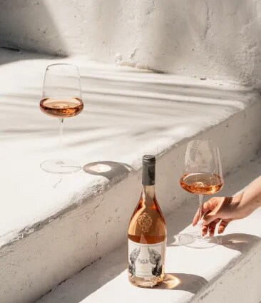 Rock Angel rosé bottle with two glasses on sunlit stone steps, hand holding a glass