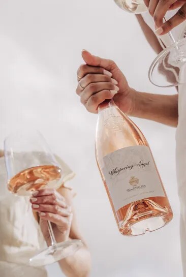 Whispering Angel rosé bottle held by guests with glasses in a bright setting