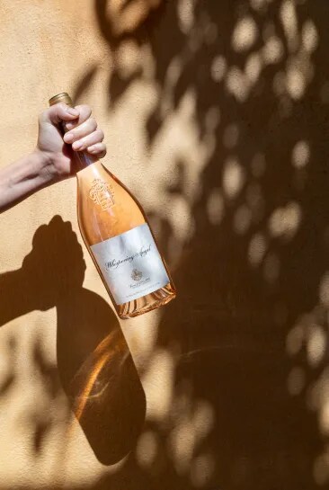 Bouteille de rosé Whispering Angel tenue par une personne du domaine.