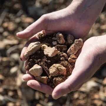 Close-up of hands holding rocky soil in Château d’Esclans vineyards in Provence