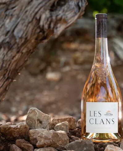 Bouteille de rosé Les Clans sur un sol caillouteux, dans les vignes du Château d'Esclans