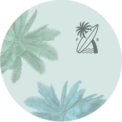 Stylized palm trees and retro surfboard
